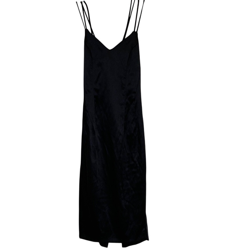 Lux LA Womens Black Satin‎ Slip Dress Double Spaghetti Straps Size Medium LBD